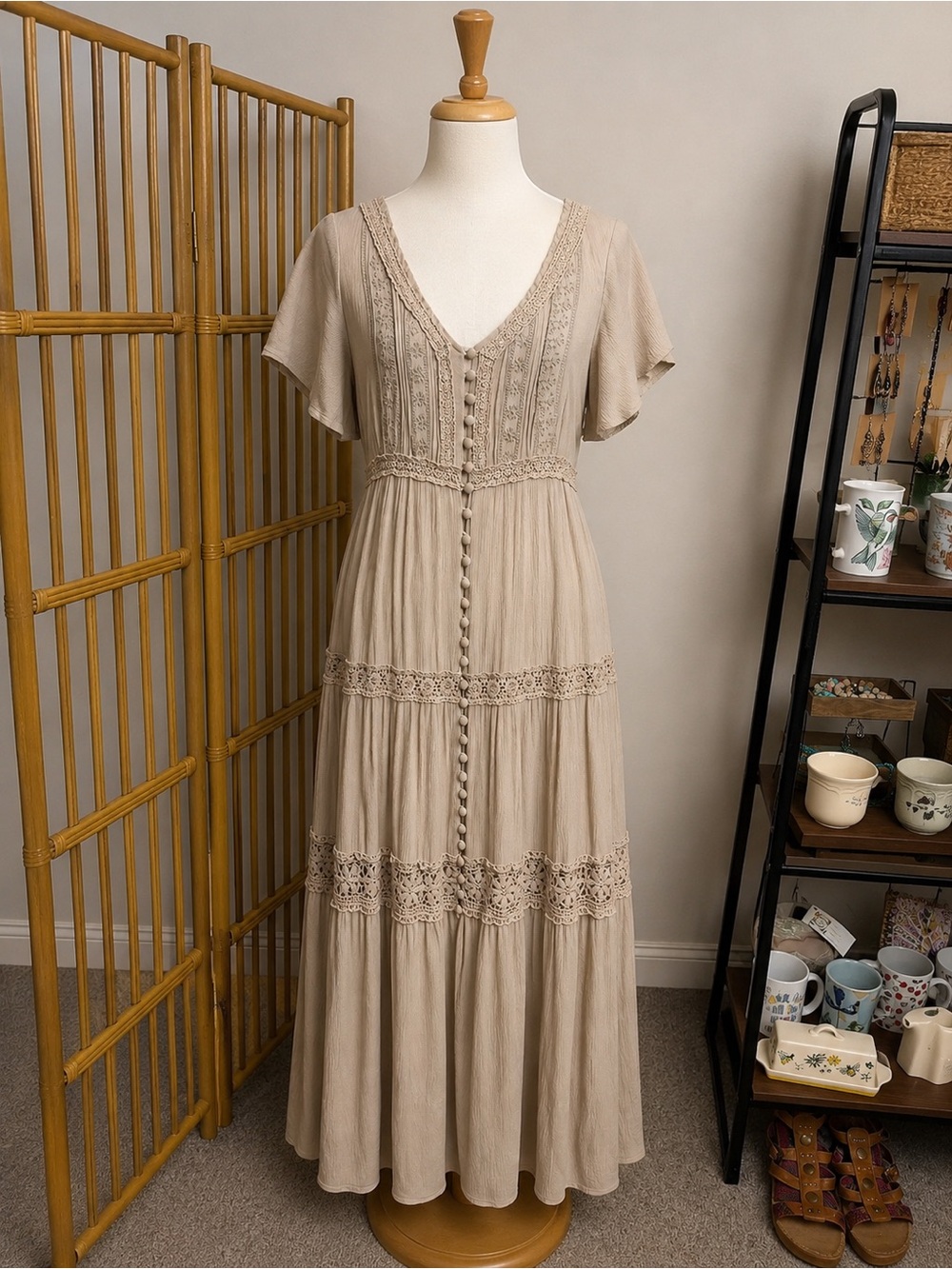 S-Twelve Beige Button-Front Boho Maxi Dress | Lace Trim Tiered Long Dress